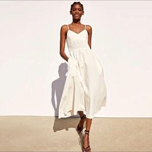 Zara Elegant White / Cream Linen Blend Midi Dress Size S